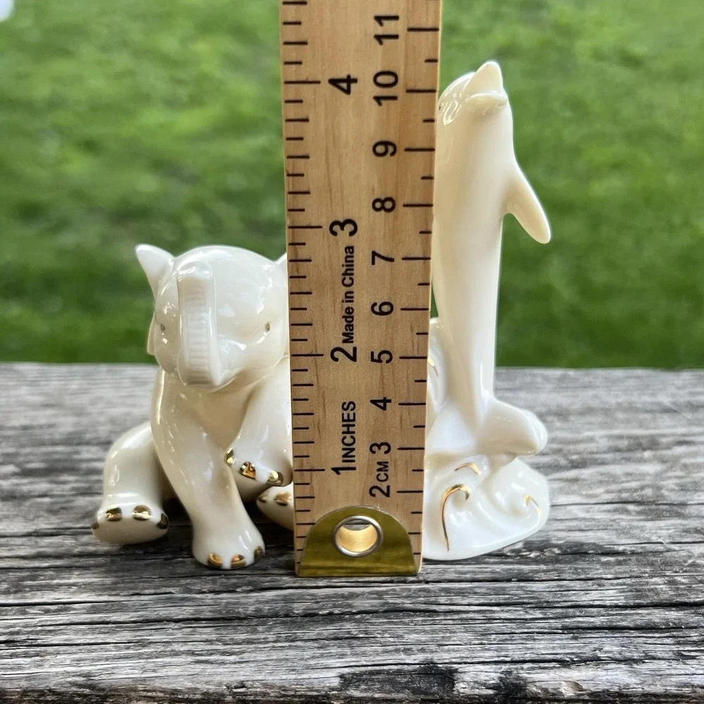 Lenox Ivory Porcelain Elephant Dolphin Figurines Gold Accent Bundle Collectible
